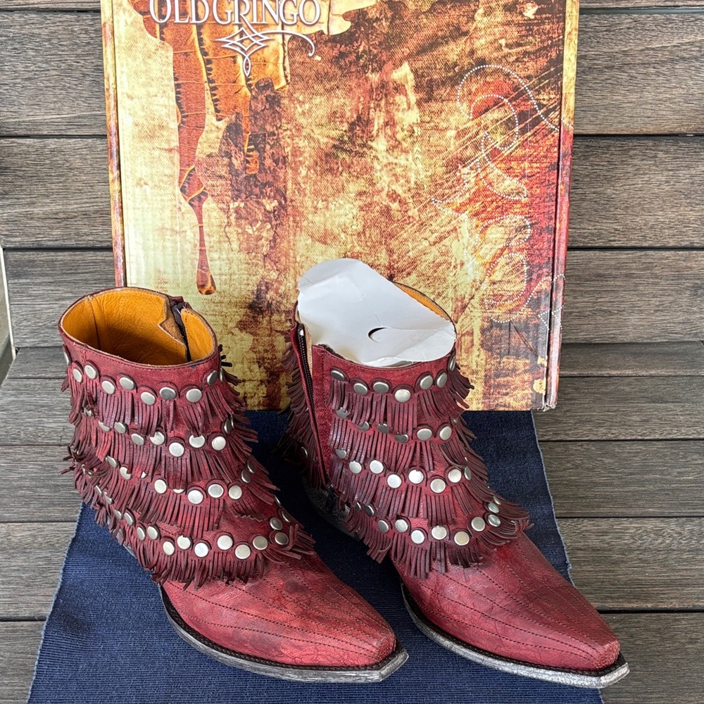 NWB Old Gringo Burgundy Medusa Fringe Ankle Boots 9B - Picture 3 of 8